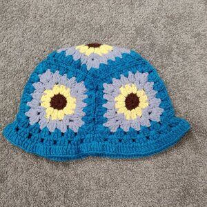 Womens Multicolor Crochet Bucket Hat Summer Beach Blue Cottagecore